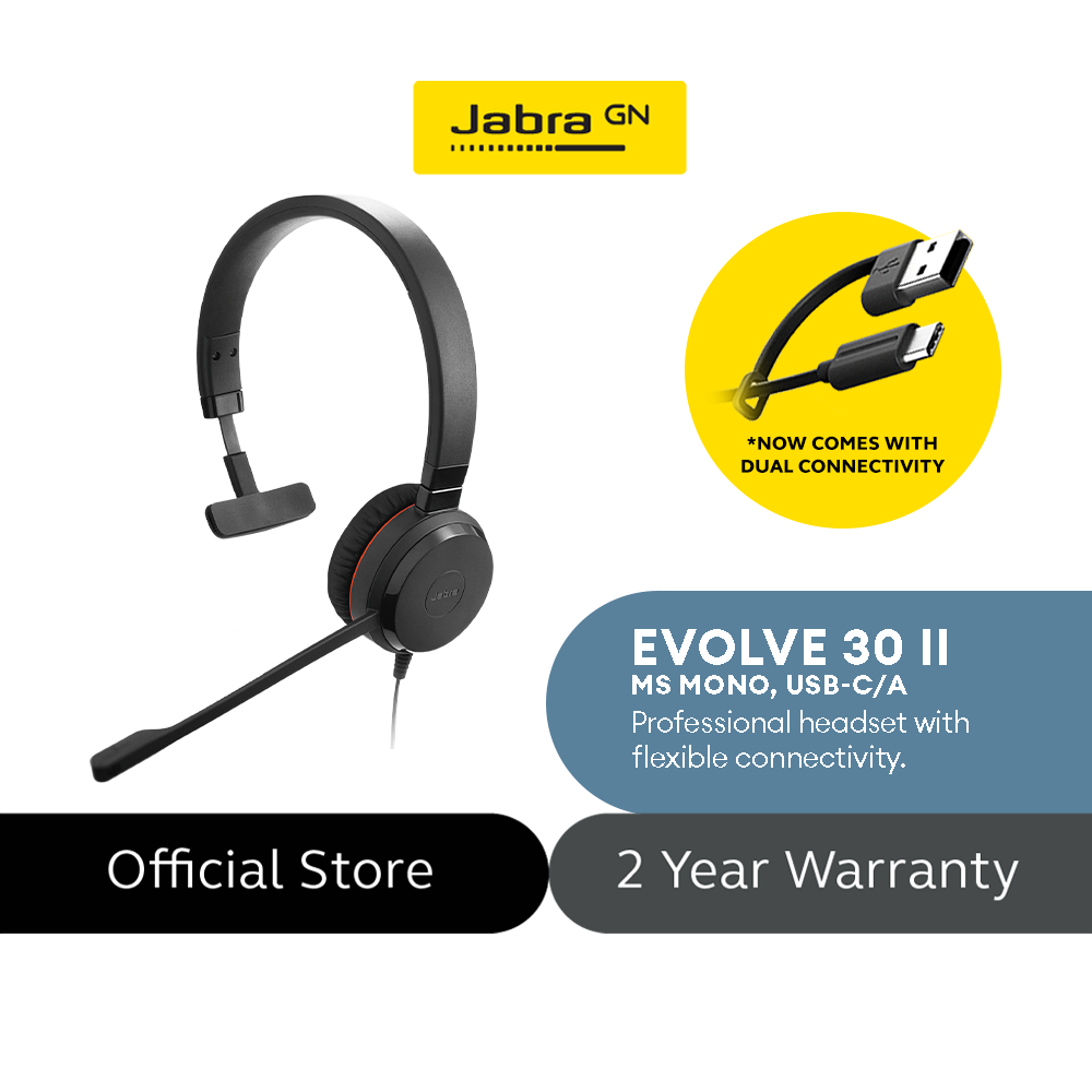 Jabra Evolve 30 II MS Mono USB-C/A Wired Headset/Music Headphones ...