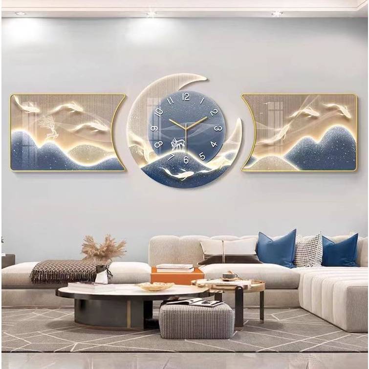 Clock mural 3-piece set moon clock home decor wall display with frame ...