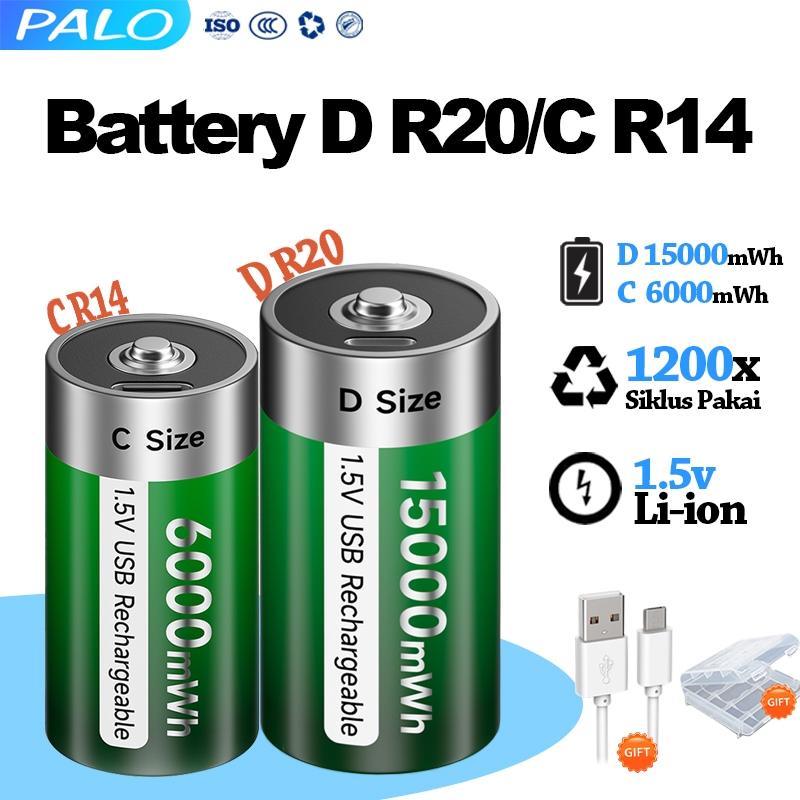 PALO 1.5V D Size/C Size Rechargeable Battery Type-C R20 R14 Li-ion ...