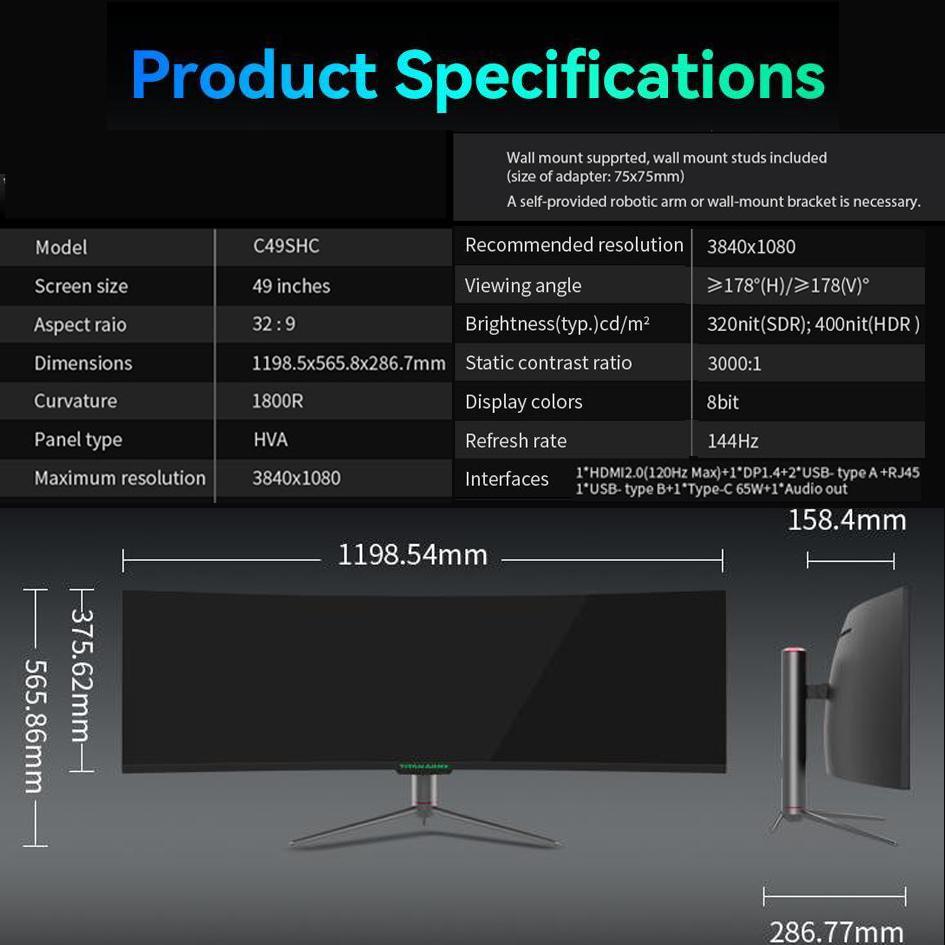 TITAN ARMY C49SHC 49 inch Curved 144Hz Type-C65W HDR 32:9 Dual Display ...