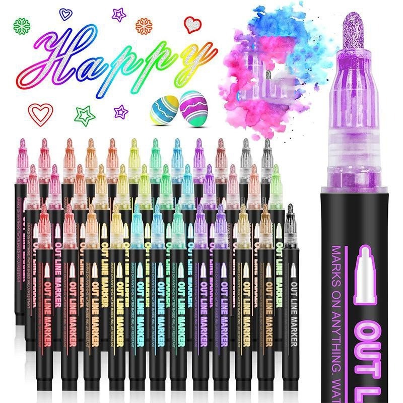 Double Line Contour Pen Set Outline Marker Pen Metallic 24 Colour ...
