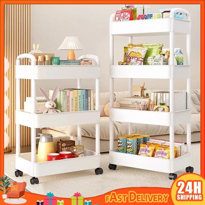 2/3/4 Plastic Layer Storage with hooks Moving Rack with Wheels ...