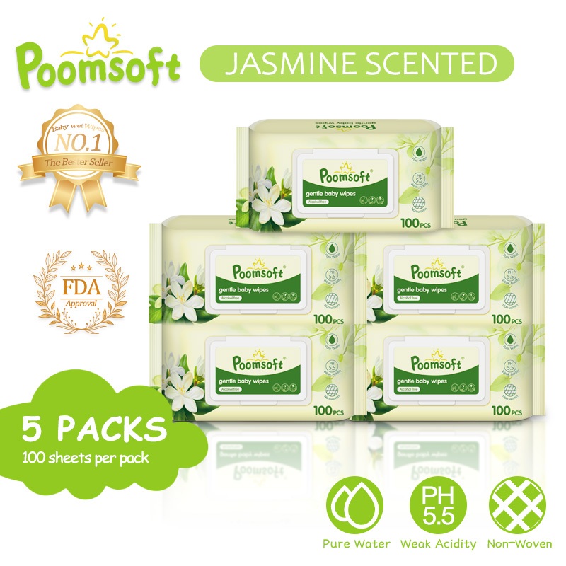 Poomsoft 5 Packs x 100 Sheet Jasmine Scented No-Alcohol Gentle Baby ...
