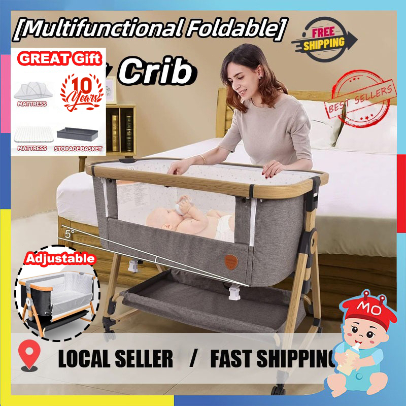 【4 Gift】Crib for Baby Cradle With Mosquito Net Adjustable Foldable Wood ...