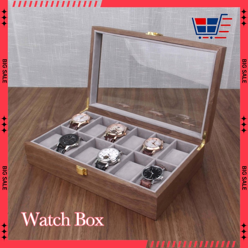 Solid Wood Watch Storage Box Multi-Slot Clear Top Display Case for ...