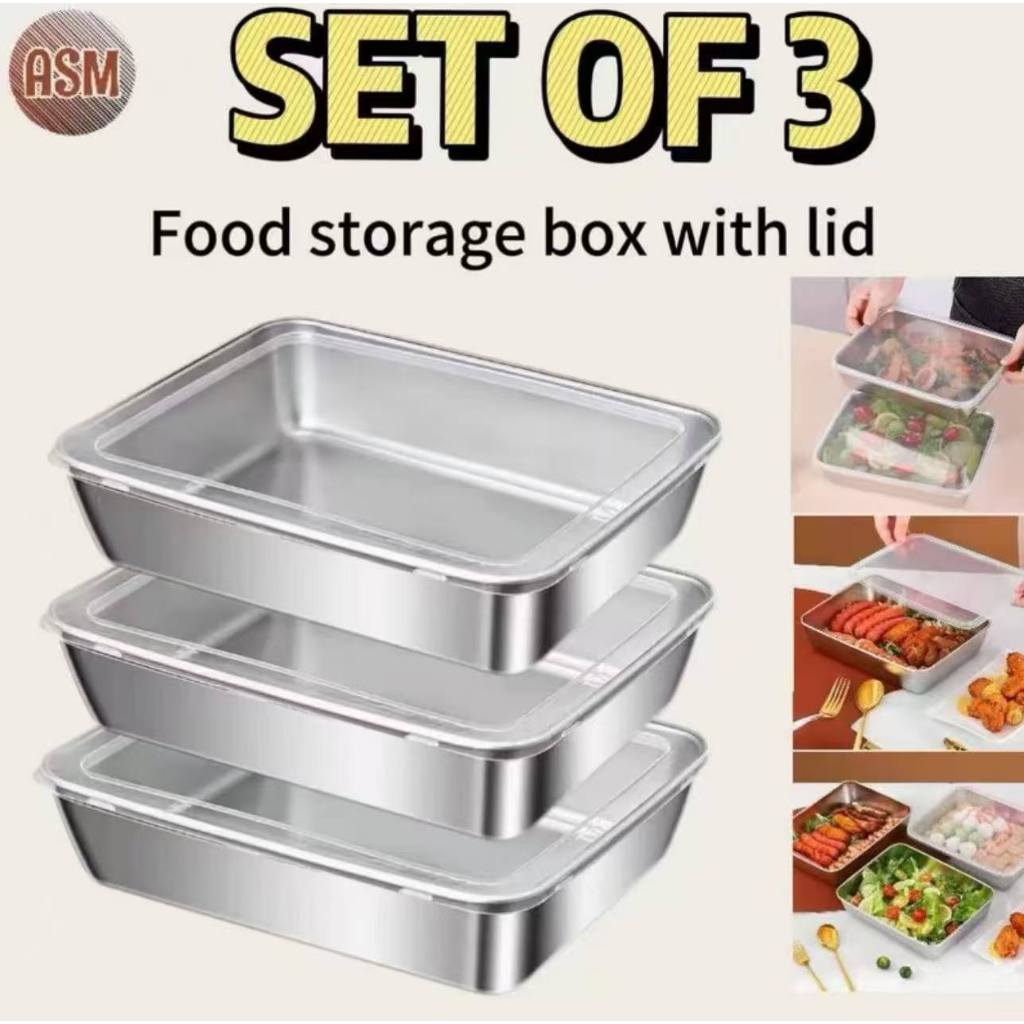 3Pcs Set 304 Stainless Steel Box Kitchen Food Storage Container Tray ...