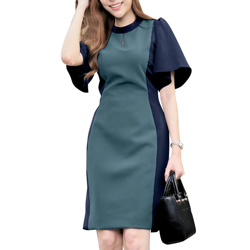 Dress For Women Korean Casual Short Ruffle Sleeve Round Neck Patchwork Knee-Length  Dress L7010 | Shopee Philippines
