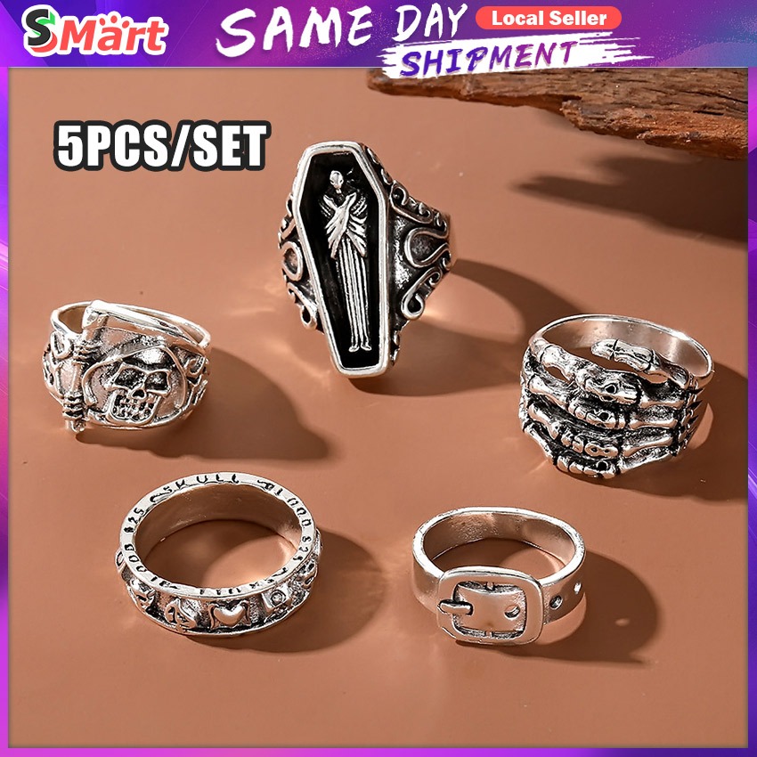 5Pcs Rings Set Gothic Coffin Skeleton Stainless Steel Retro Punk ...