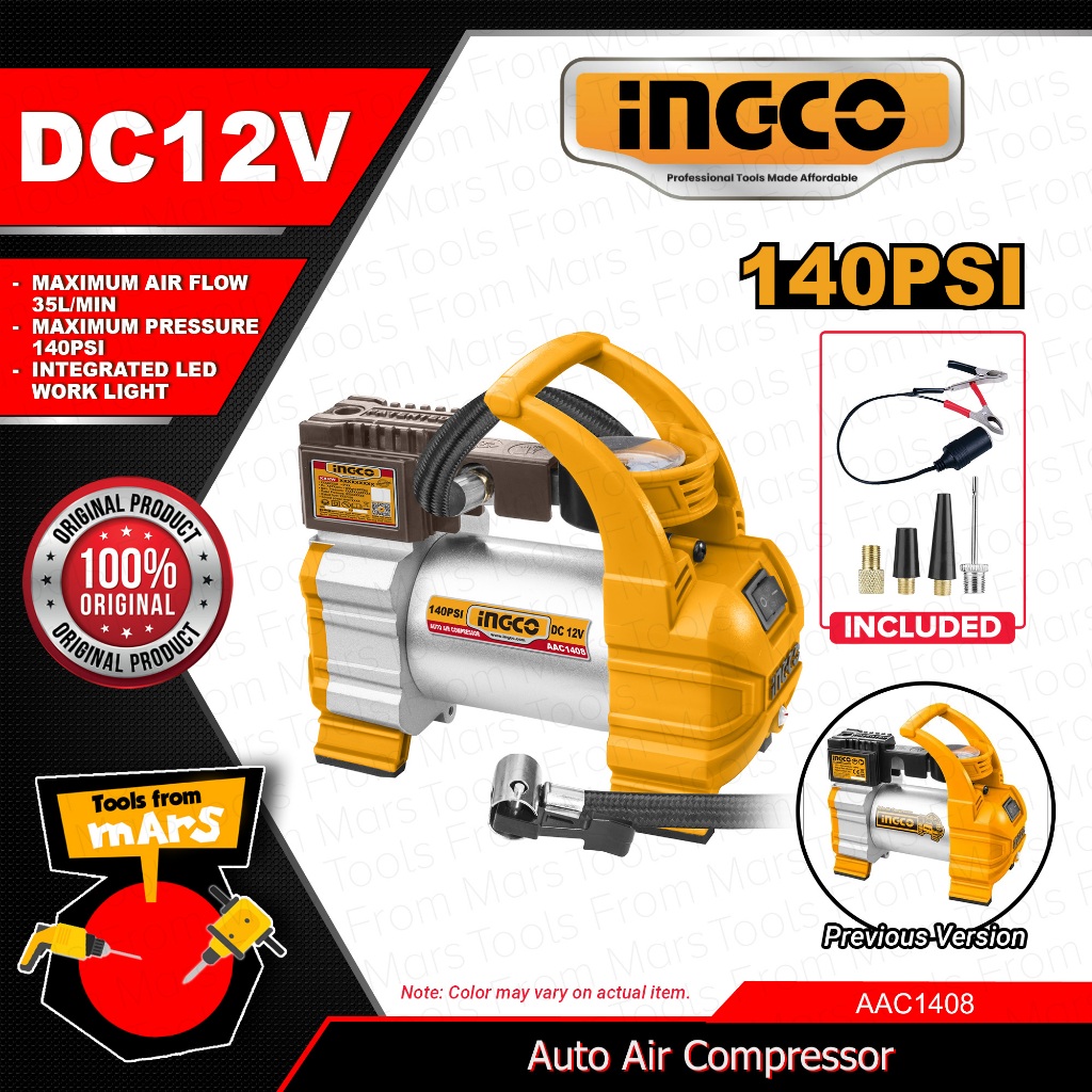 INGCO Auto Air Compressor Pump Car Tire Inflator DC 12V DC 140PSI ...