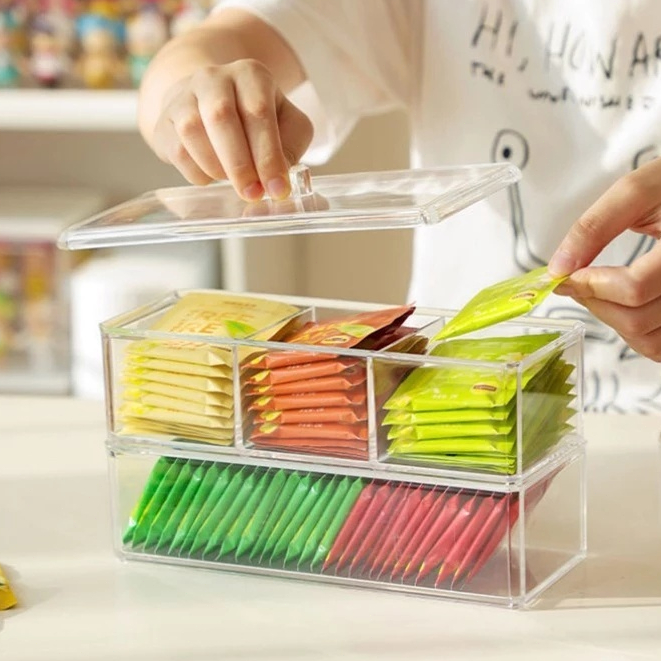 Transparent 3 Compartment Storage Box Tea Bag Container Display Rack ...