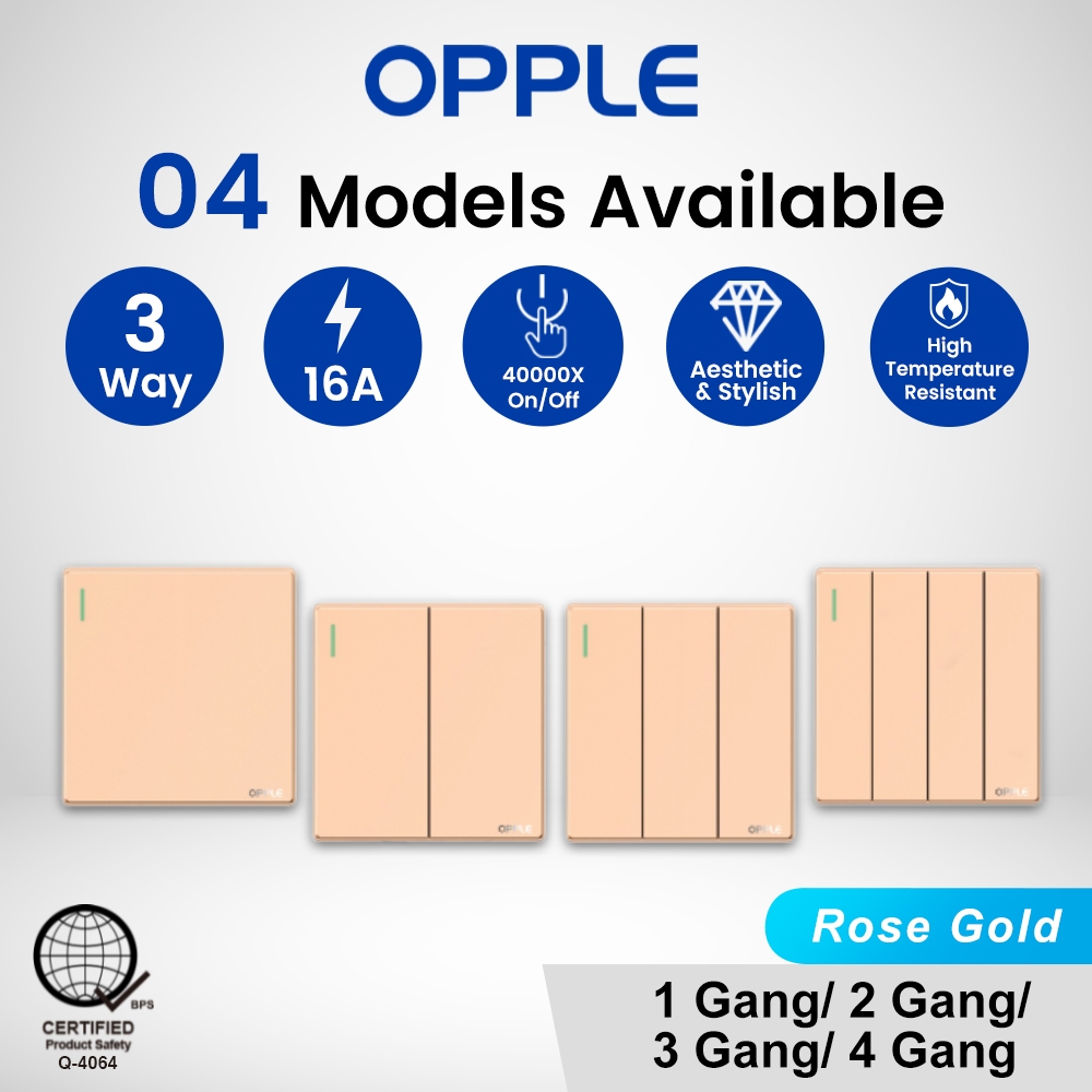 OPPLE Safety Wall Switch 3 Way 1 2 3 4 Gang Push On/Off Fireproof Gold ...