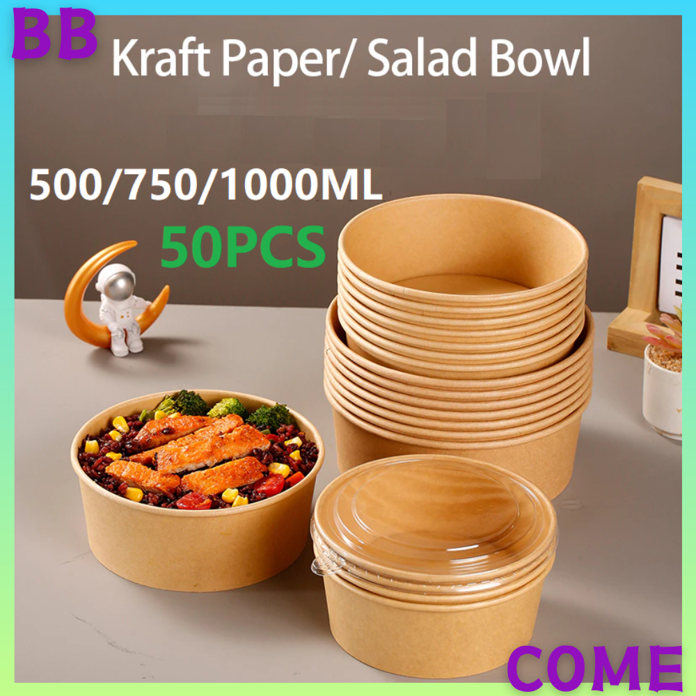 50Pcs Kraft Paper Bowls Salad Bowl Disposable Paper Bowl with Clear Lid ...