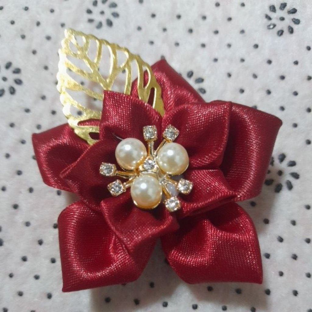 chest corsage / boutainer with elegant rhinestone and pin - maroon ...