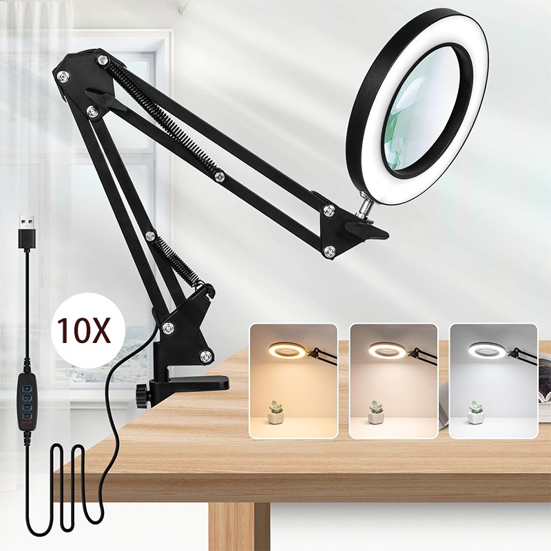 Dimmable Desk Lamp 10X Lighted Magnifying Glass Light 3 Color For Close