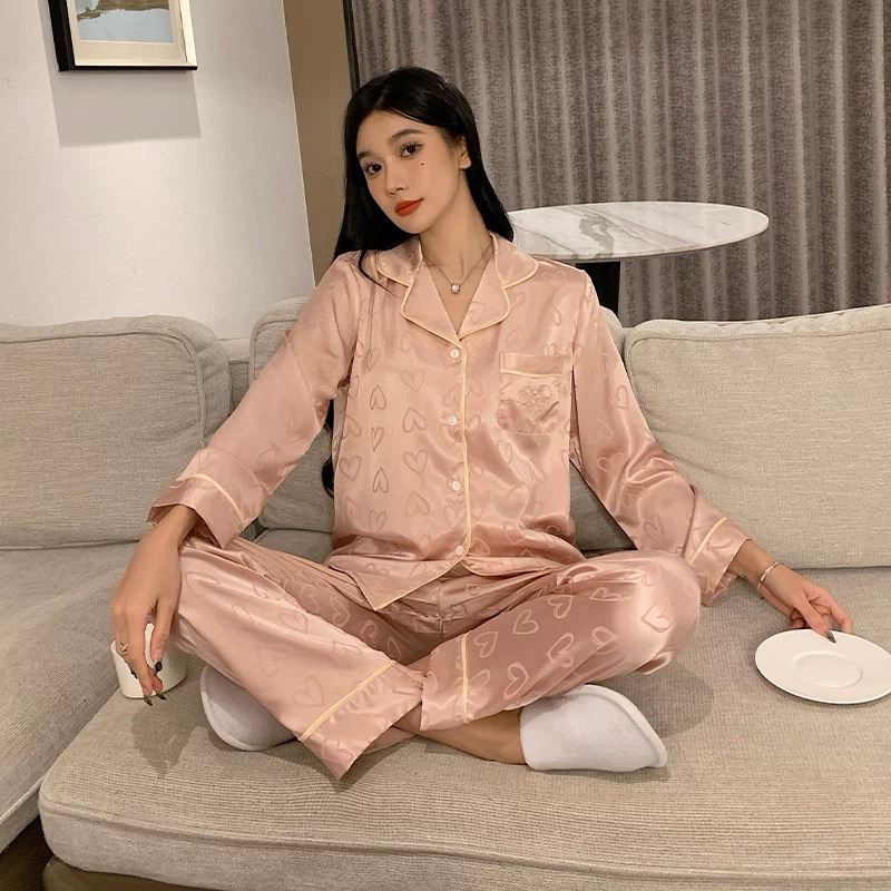 Women Pajamas Ice Silk Sleepwear Long Sleeve Suit Pyjamas Korea Version ...
