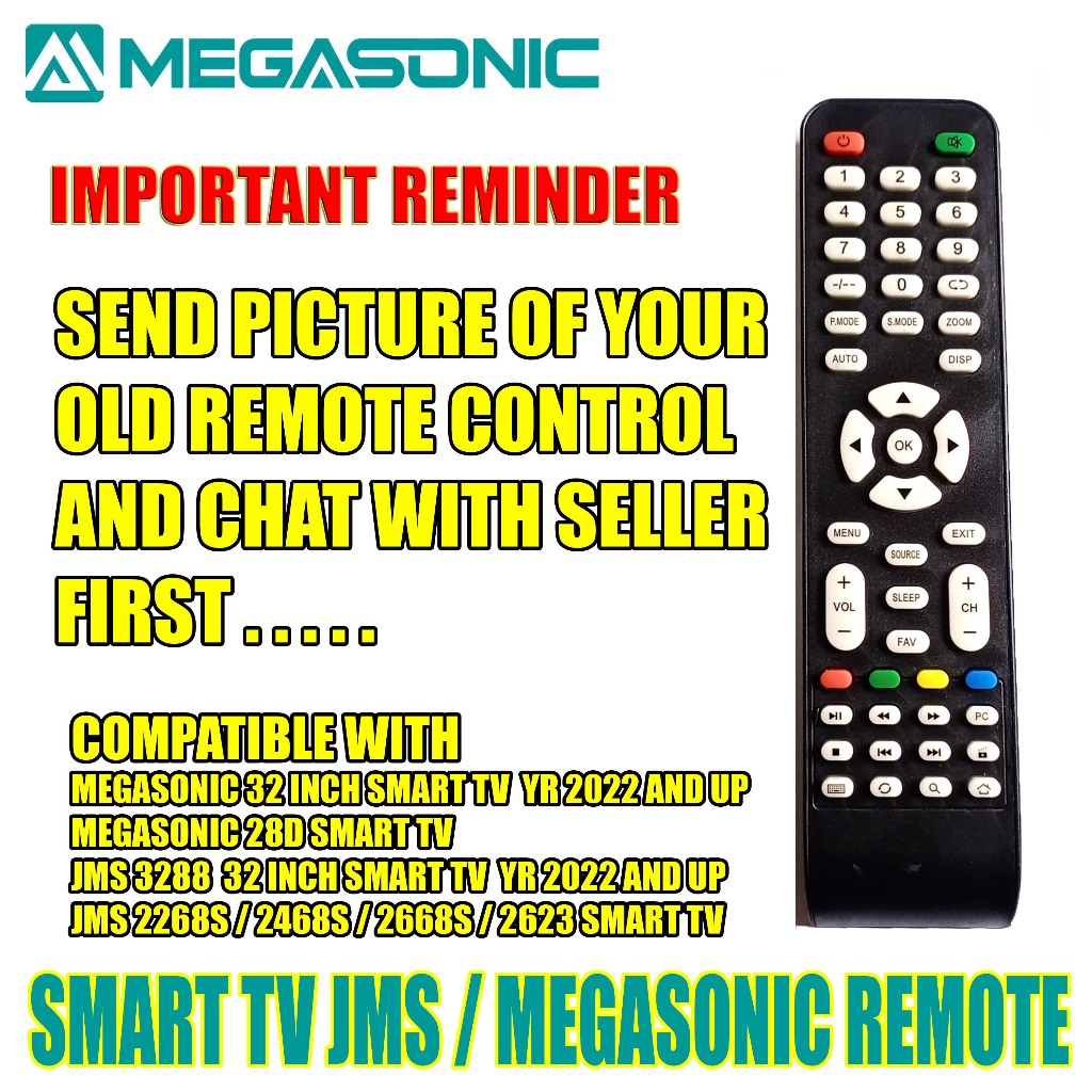 MEGASONIC AND JMS SMART TV YEAR MODEL 2022 TO PRESENT Remote Control ...