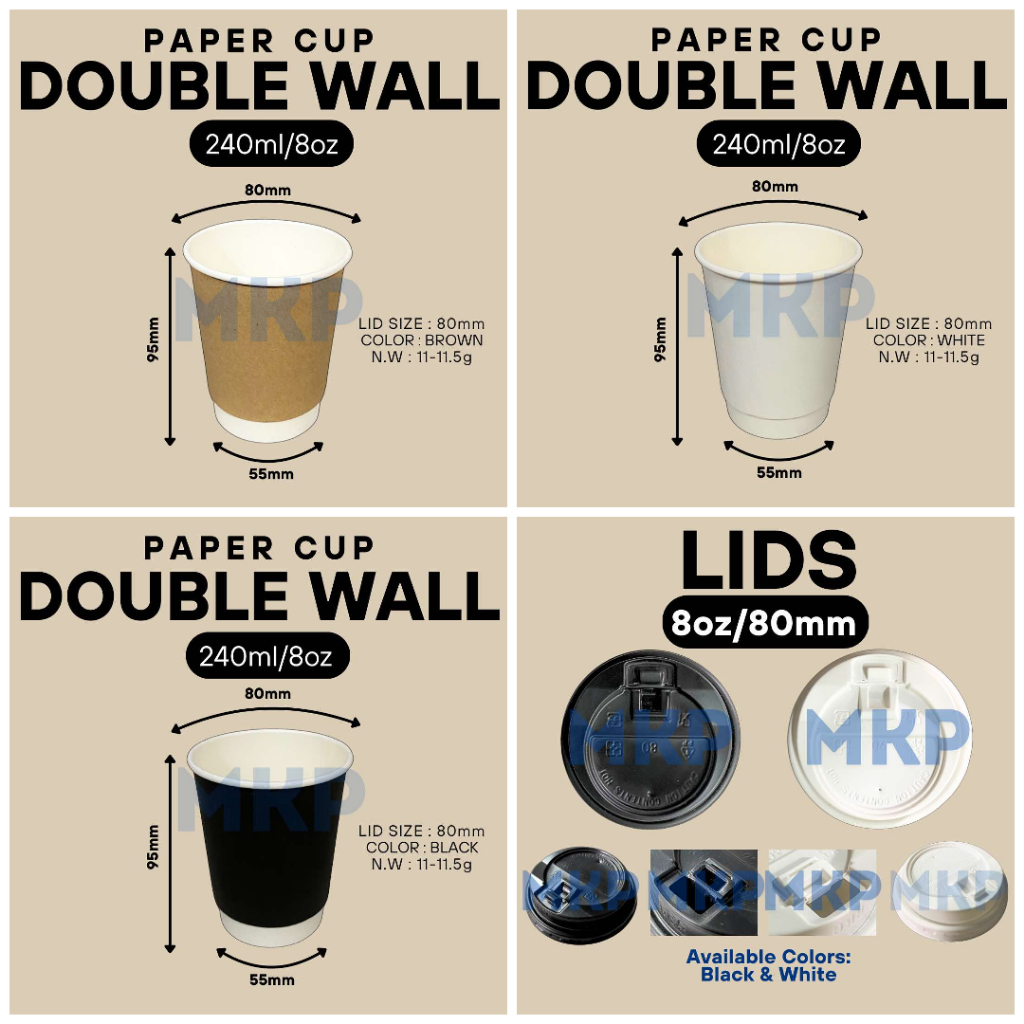 (50pcs) (8oz) Double Wall Coffee Paper Cup (Black/White/Brown ...