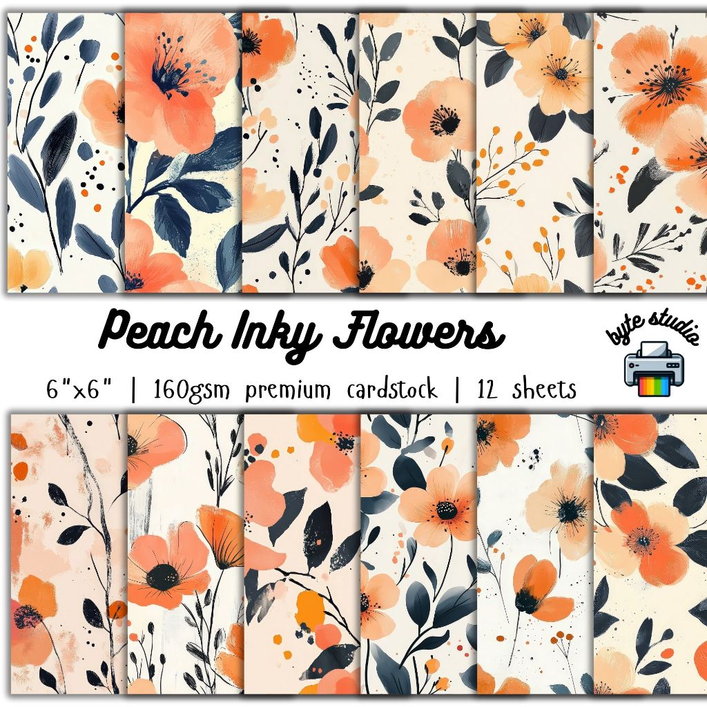 12 Sheets Peach Inky Flowers by byte studio | Cardstock Premium Paper ...