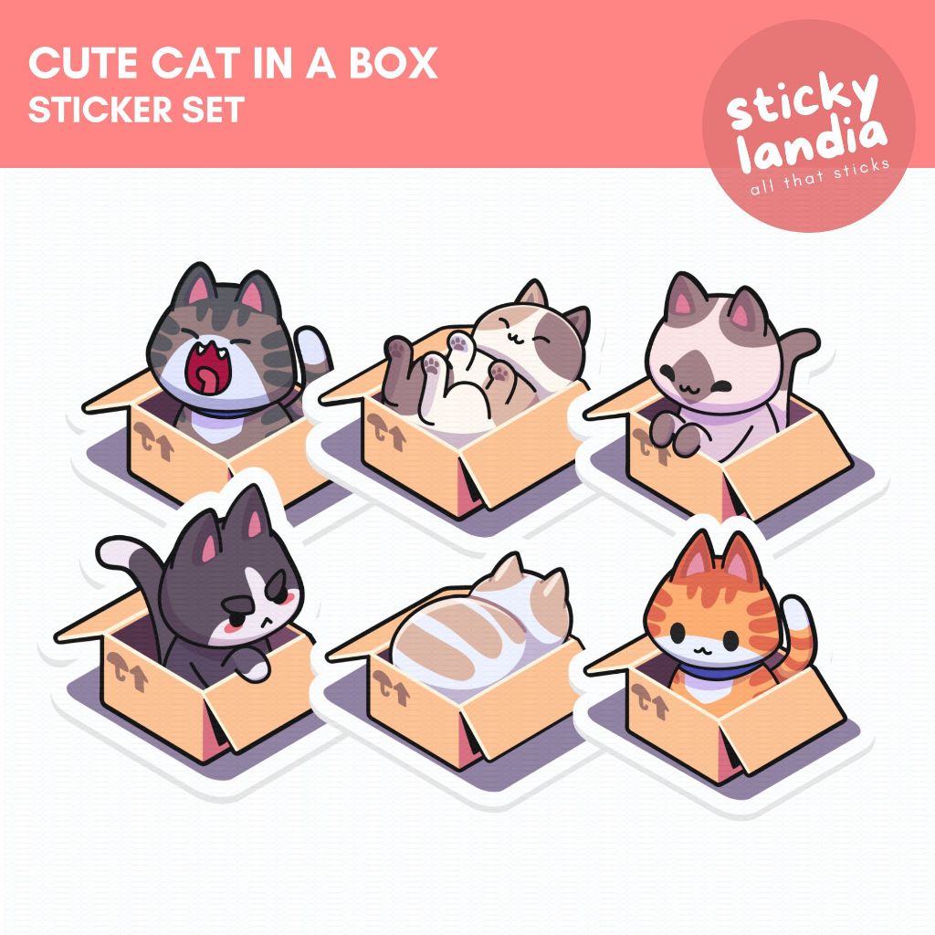 Cute Cats in a Box Animal Vinyl Sticker Set | Laptop Tumbler Phone ...