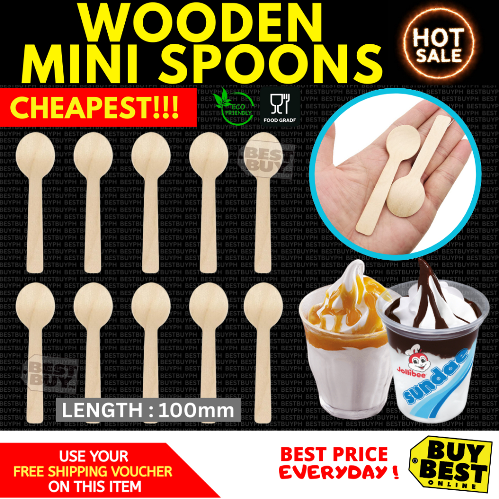 Disposable Wooden & Plastic Sundae Spoons 50pcs. pudding yogurt ice ...