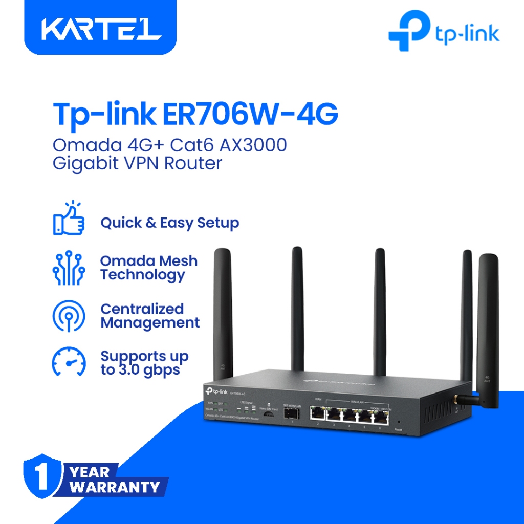TP-Link ER706W-4G Omada 4G+ | Cat6 | Wi-Fi 6 | AX3000 | Gigabit | VPN ...