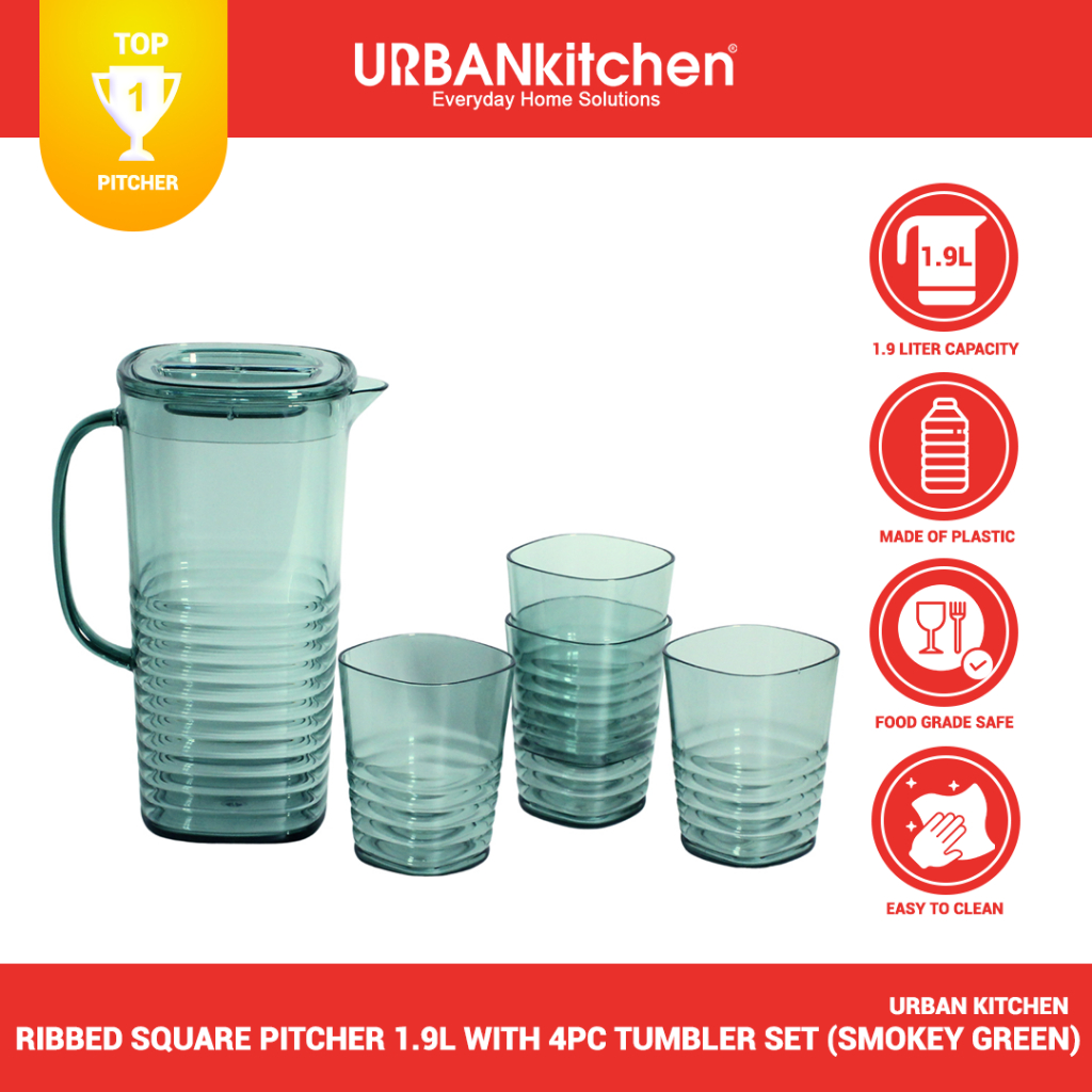 URBAN KITCHEN PS (Polystyrene) Ribbed Sq Pitcher 1.9L & 4pc Tumbler Set ...