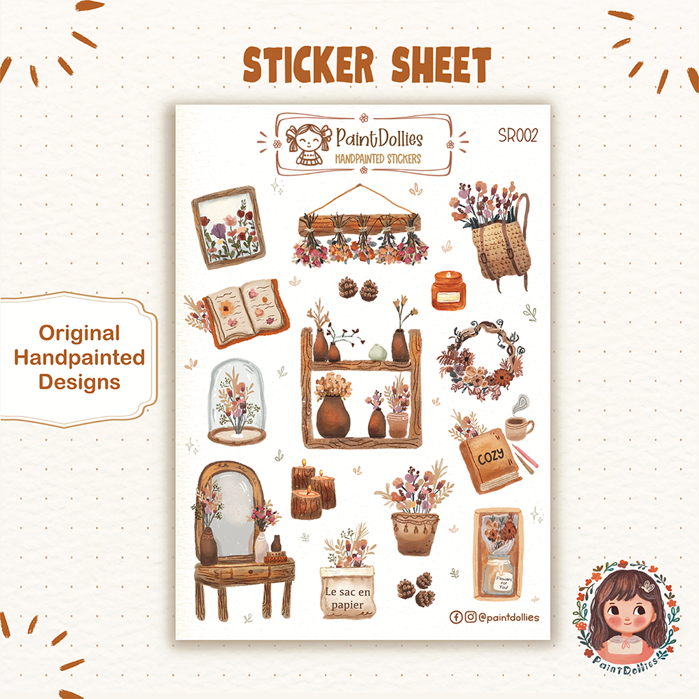 SR002 Cute aesthetic cozy stickers, boho aesthetic, dried flowers ...
