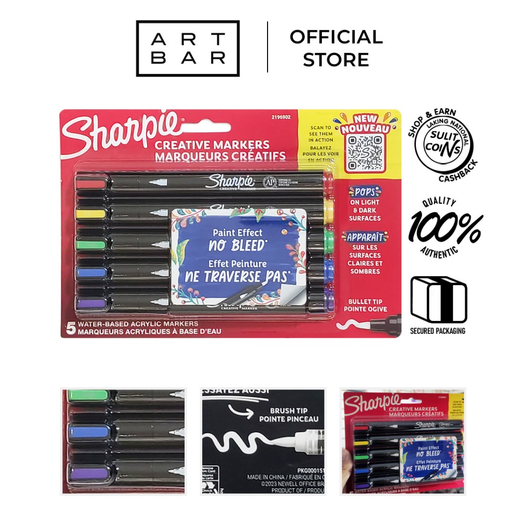 Sharpie Acrylic Markers 5 Colors Bullet Tip Water-Based - Art Bar ...