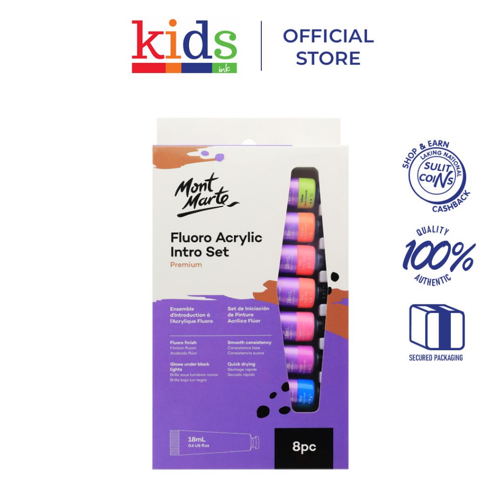 Mont Marte Fluro Glow In The Dark Acrylic Paint Intro Set 8 x 18ml ...