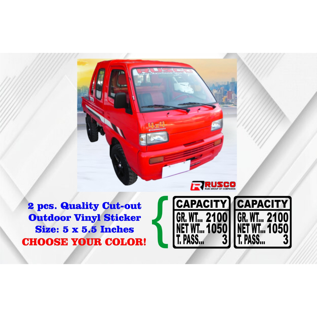 RUSCO MULTICAB PICK UP CAPACITY STICKER 2 pcs. 5 x 5.5 Inches Quality ...