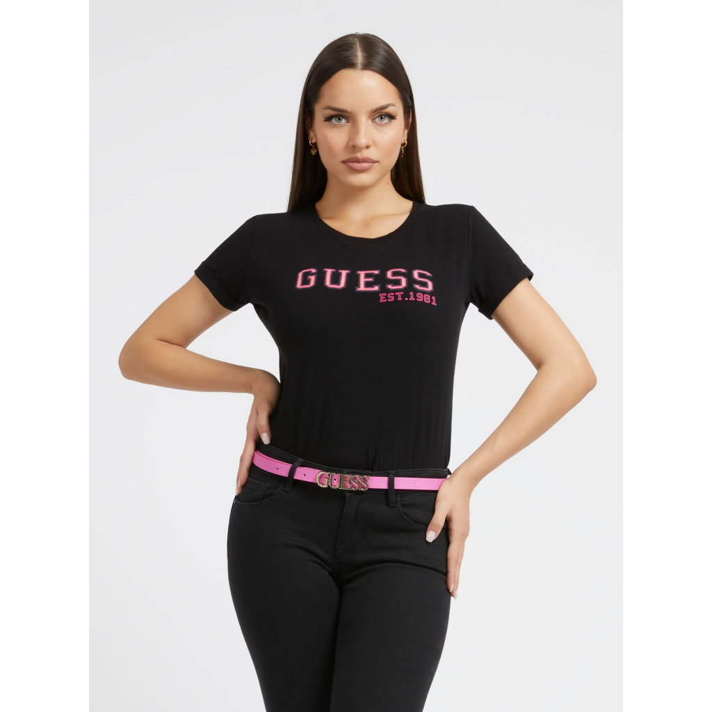 Guess Maglietta Donna Amalur Tee, Manica Corta, Girocollo, Logo Con Strass, Vestibilità Aderente