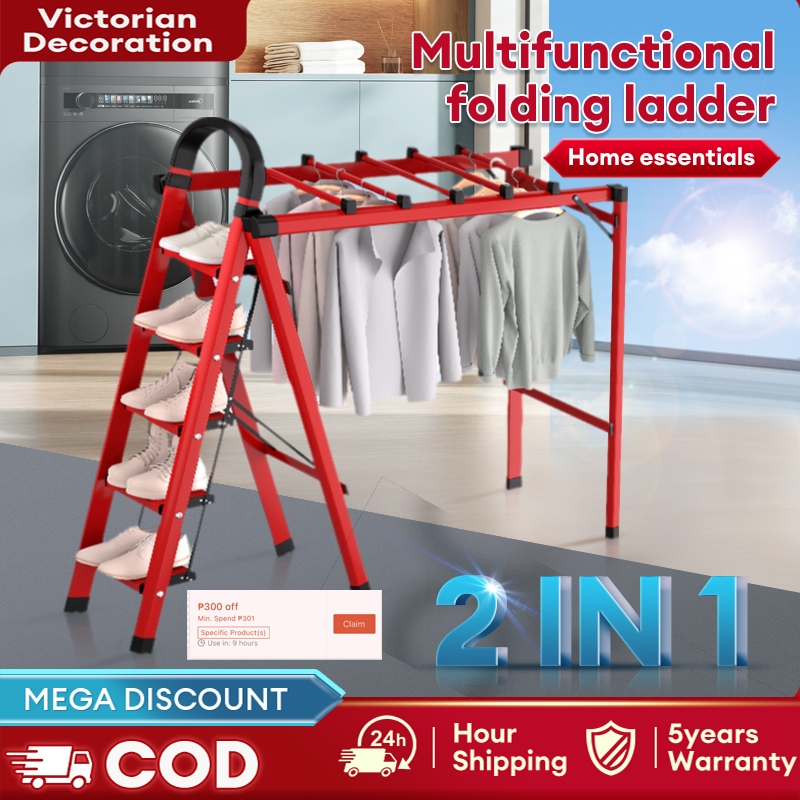 【2-In-1】Household multi-functional folding ladder Telescopic Clothes ...