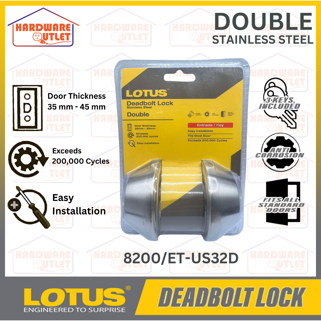 Lotus Deadbolt Lock DOUBLE Stainless Steel with 3 Keys Original ...