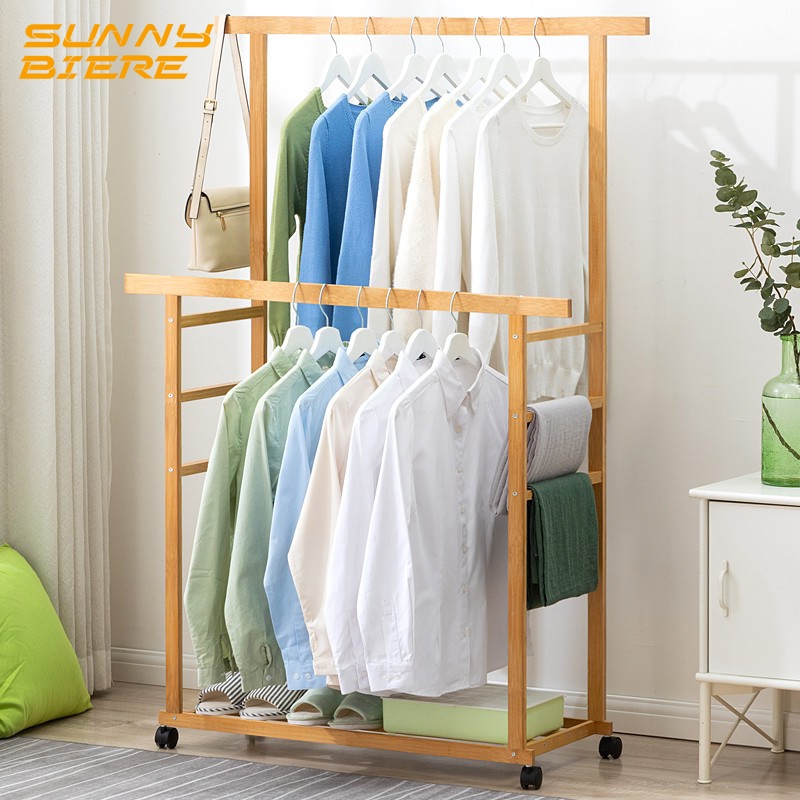 SUNNY BIERE Clothes Rack Drying Rack With Wheels Moveable Wooden ...
