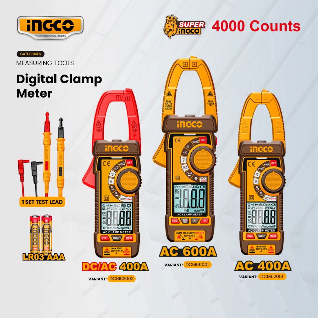 Ingco 400A/600A Digital Clamp Meter 4000C True RMS AC/DC Multimeter ...