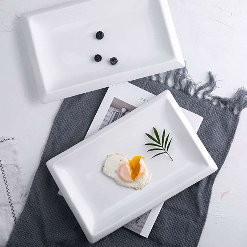 Dailyhome Ceramic Rectangle Plate 12 inch White Wide Rim Serving ...