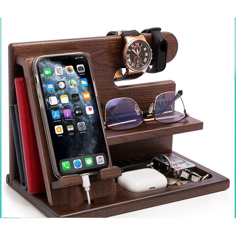 Wood Phone Docking Station Ash Key Holder Wallet Stand Watch Men Gift ...