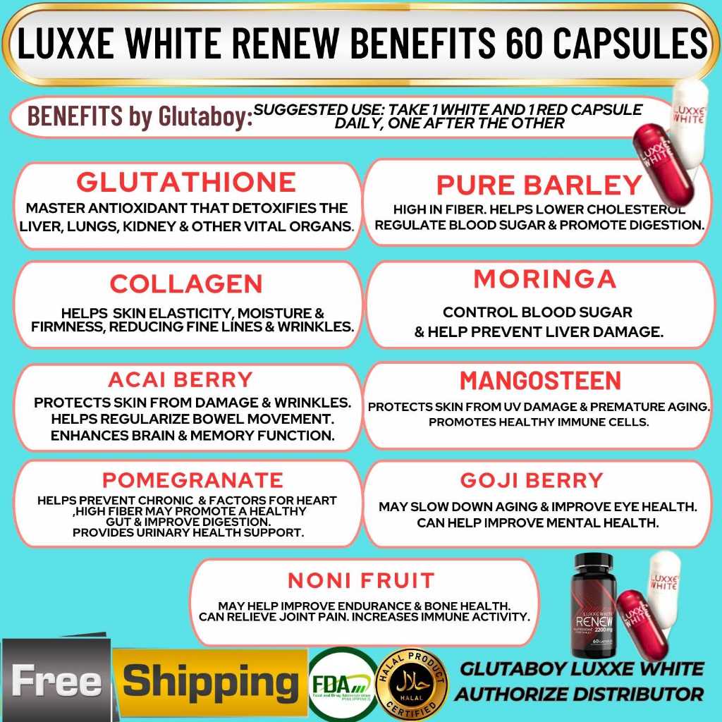 LUXXE WHITE RENEW 60caps 9 IN 1 Glutathione with Pure Barley collagen  2200MG per capsule moringa | Shopee Philippines