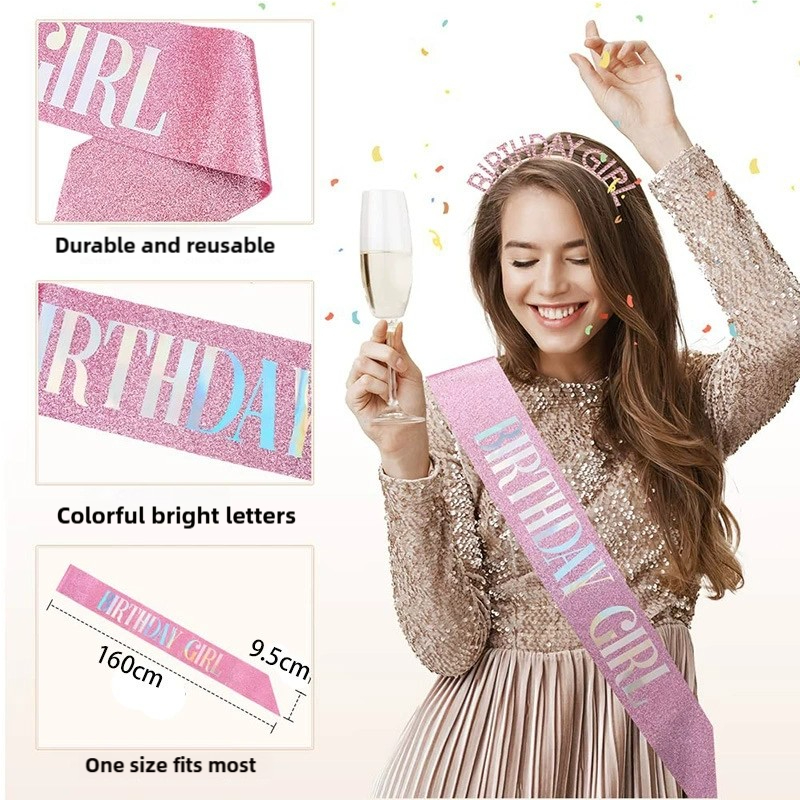 PartyParty Birthday Sash Crown Set Ribbons Shoulder Girl Princess Queen ...