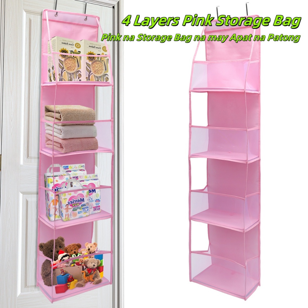 4 Layers Pink Wall-mounted Hanging Storage Organizer Behind Door Large ...