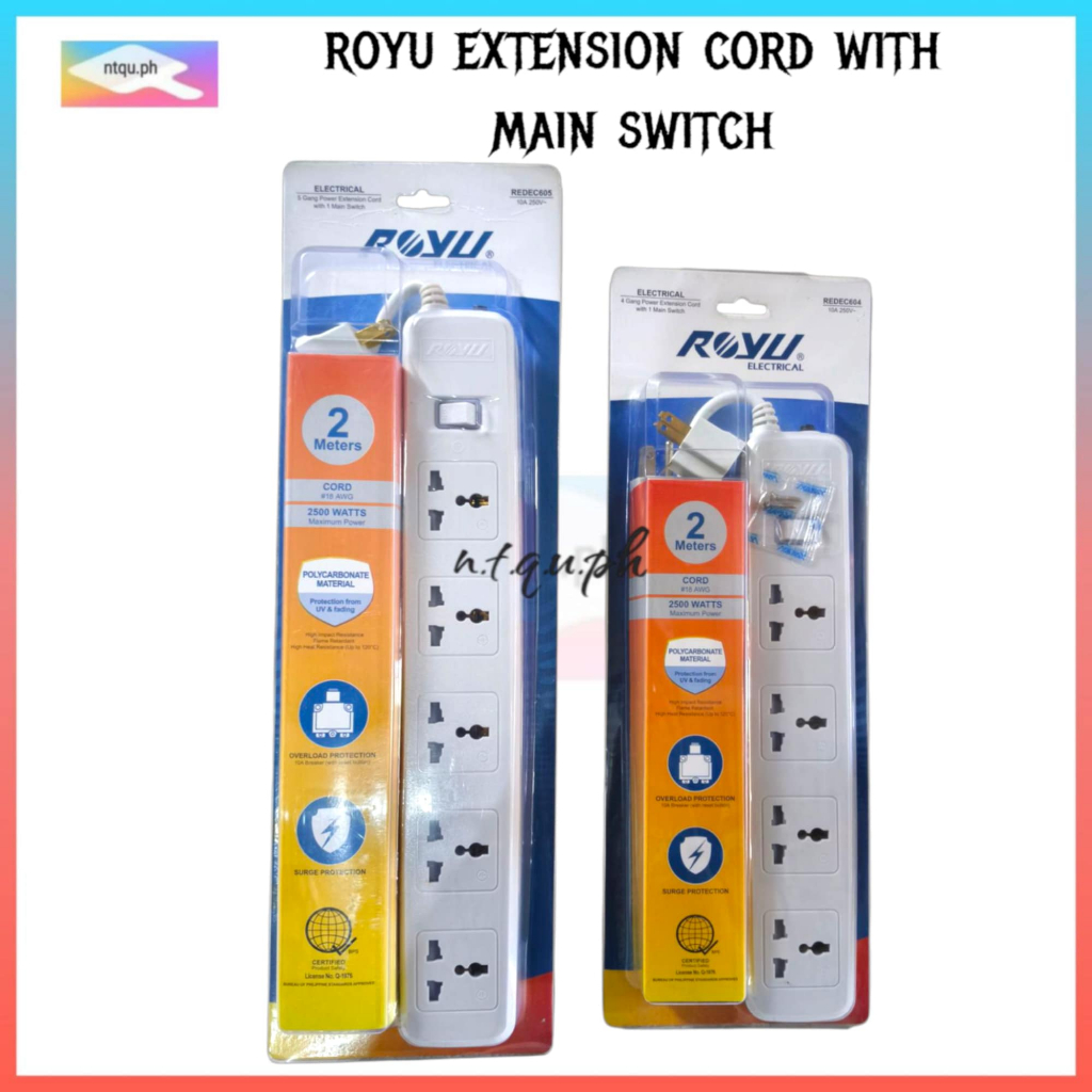 Royu Power Extension Cord w/ One Main Switch 2 Meter Cord 4 5 Gang ...