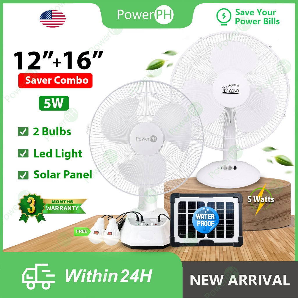 POWERPH 12 Inch 16 Inch Rechargeable Solar and Electric Desk Fan Combo ...