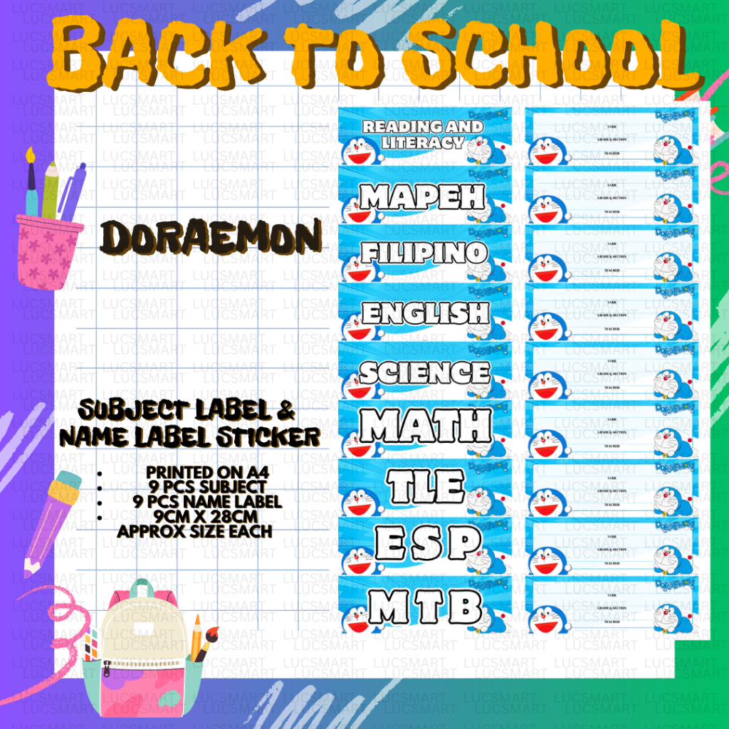 LUCSMART Fast shipping - NEW DESIGN DORAEMON THEMED Subject and Name ...