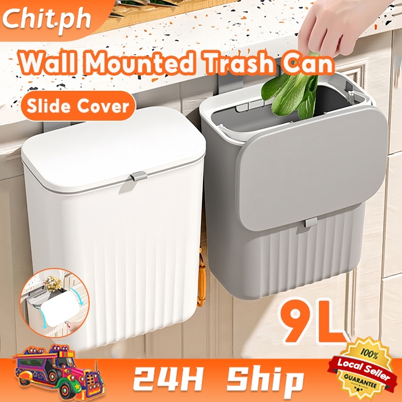 CHIT 9L/12L Hanging Trash Can with Cover Slide Lid Cabinet Door&Wall ...