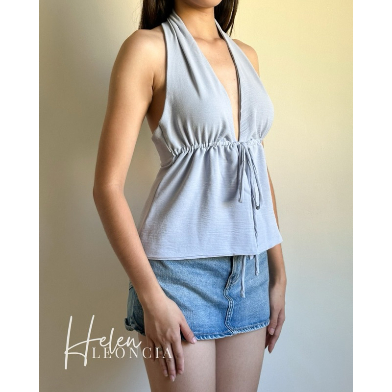 JULIA Plunging V Neckline Drawstring Front Knot Top | Shopee Philippines