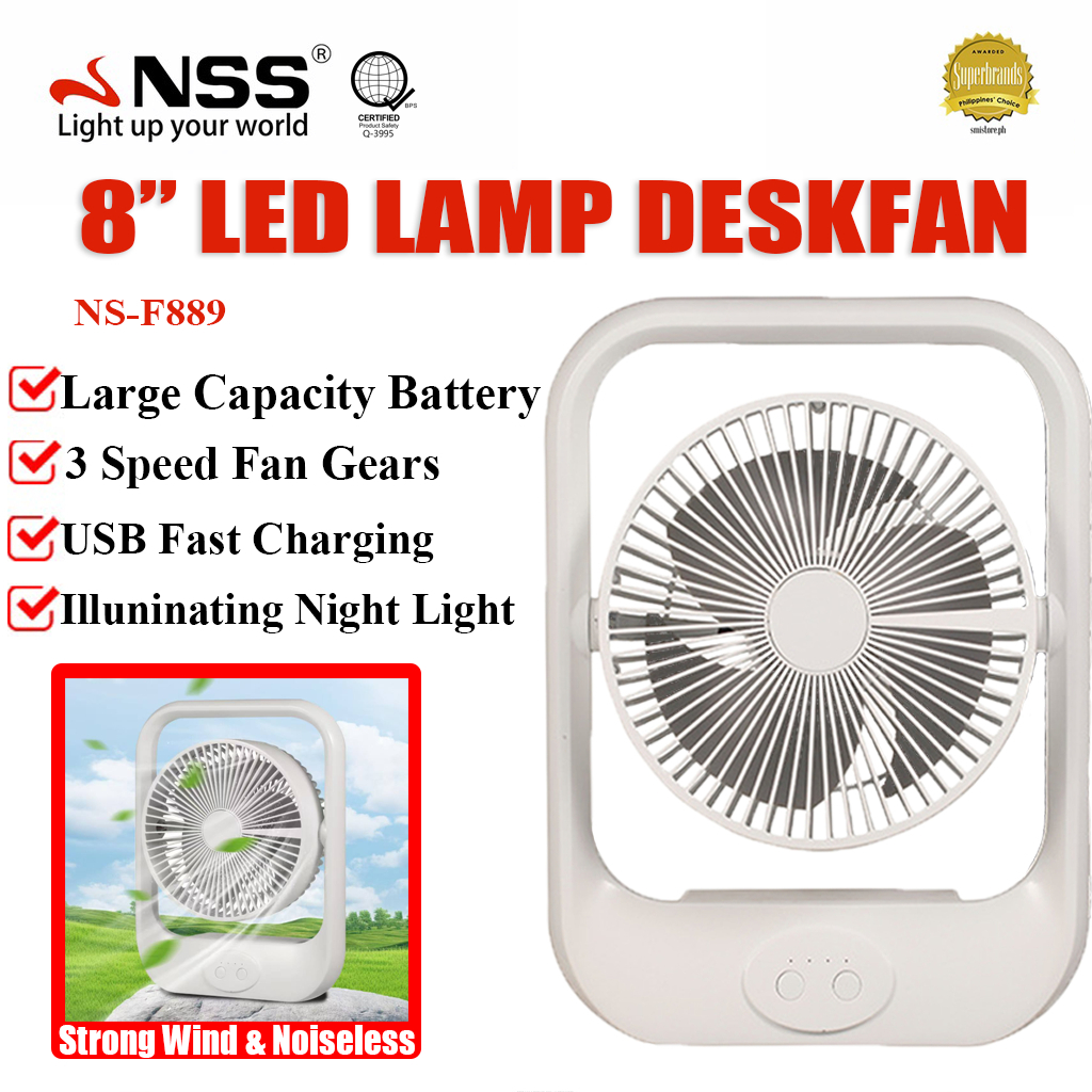 NSS 8 Inch 3 Speed Fan Gears Electric LED Lamp Desk Fan Muli-function ...
