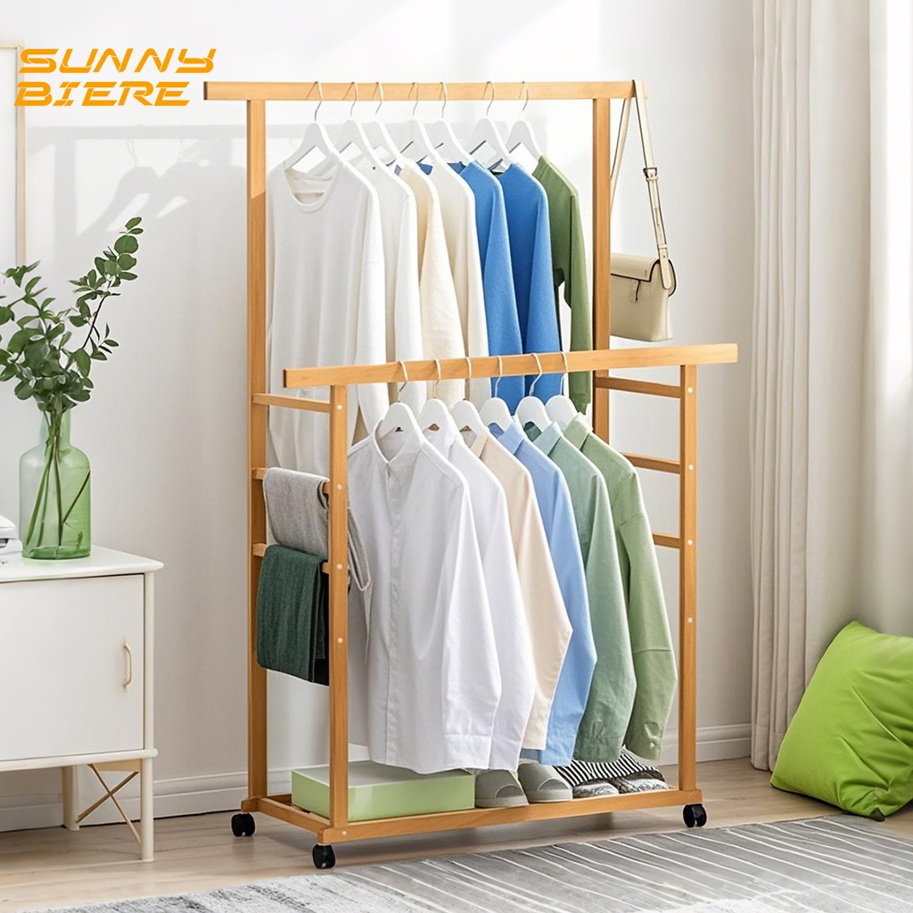 SUNNY BIERE Clothes Rack With Wheels Bamboo 60/80/100CM Wood Clothes ...