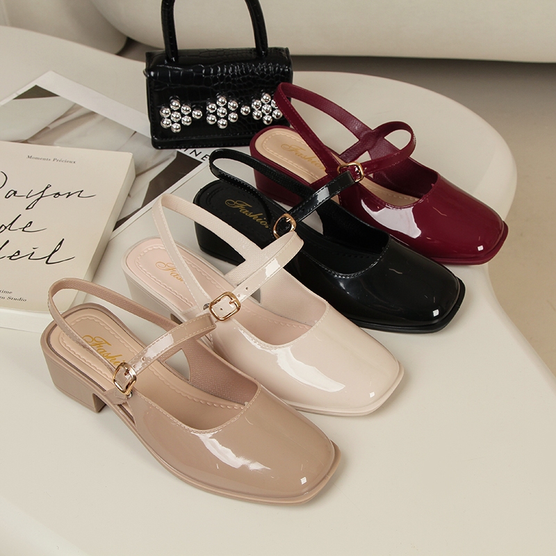 Square - toed patent leather women's shoes with a buckle | Shopee ...