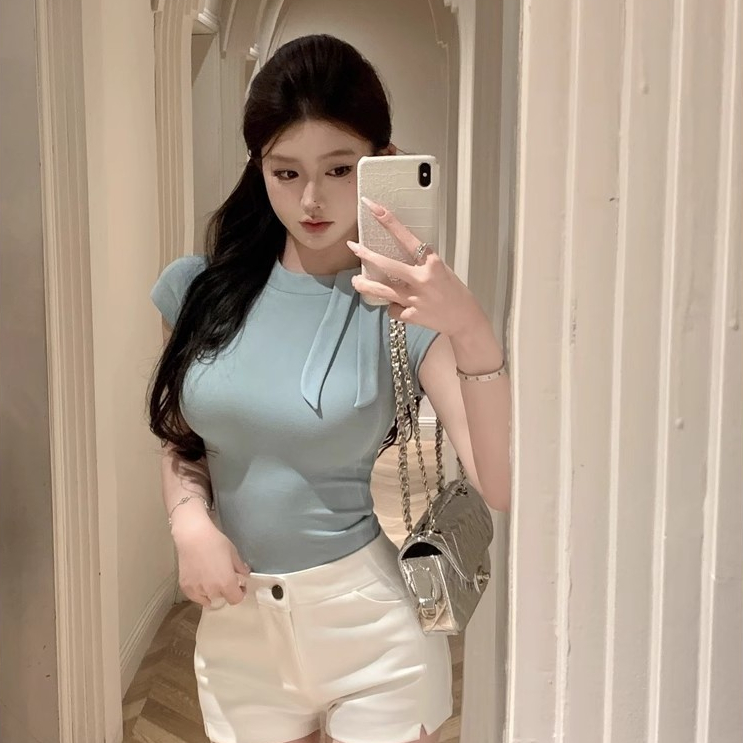 summer blue basic trendy fitted casual round neck tops for women