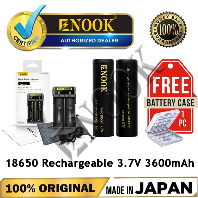 ENOOK 18650 3600mAh 35A 3.7v 2PCS Rechargeable Battery Lithium ion ...